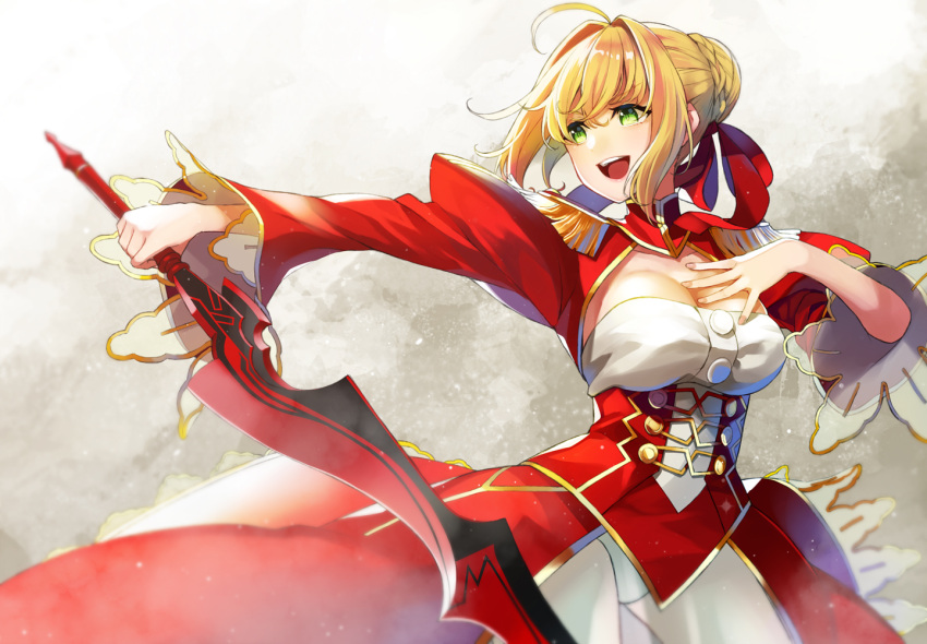 1girl aestus_estus ahoge blonde_hair braid breasts cleavage commentary_request dress epaulettes fate/extra fate_(series) french_braid green_eyes hair_intakes hair_ribbon juliet_sleeves large_breasts long_sleeves nero_claudius_(fate) nero_claudius_(fate)_(all) open_mouth puffy_sleeves red_dress red_ribbon retsuna ribbon see-through solo sword weapon wide_sleeves