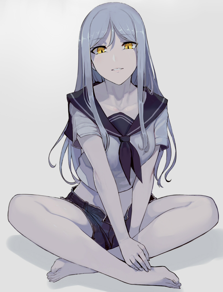 1girl barefoot breasts collarbone denim denim_shorts full_body grey_background highres kantai_collection legs_crossed long_hair looking_at_viewer medium_breasts pale_skin parted_lips sailor_collar shinkaisei-kan short_sleeves shorts sidelocks silver_hair simple_background sitting smile solo ta-class_battleship teeth walzrj yellow_eyes