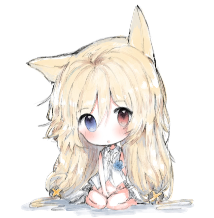 1girl :o animal_ears bangs bare_arms bare_shoulders blonde_hair blue_eyes blush cat_ears chibi cottontailtokki dress eyebrows_visible_through_hair g41_(girls_frontline) girls_frontline groin hair_between_eyes hair_ornament head_tilt heterochromia highres long_hair looking_at_viewer parted_lips red_eyes sitting solo very_long_hair wariza white_background white_dress