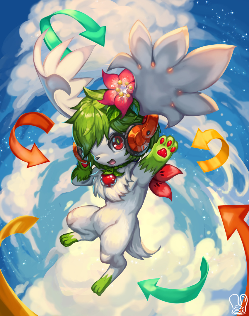 :d absurdres blue_sky clouds cloudy_sky commentary commission creature day directional_arrow english_commentary flower flying full_body green_hair hair_flower hair_ornament headphones highres no_humans open_mouth outdoors pokemon pokemon_(creature) red_eyes sa-dui shaymin short_hair signature sky smile star_(sky) starry_sky