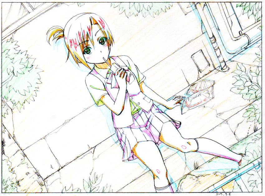 1girl black_border border brown_hair character_request collared_shirt colored_pencil_(medium) dated dutch_angle fence food graphite_(medium) green_eyes green_shirt juice_box limited_palette looking_at_viewer love_live! love_live!_school_idol_project one_side_up outdoors pink_x pleated_skirt purple_legwear purple_skirt purple_vest shirt short_hair short_sleeves sipping sitting skirt socks solo traditional_media vest wing_collar