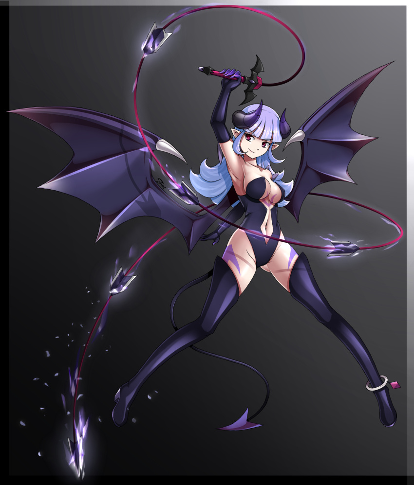 1girl anklet arm_behind_back arm_up armpits artist_name bangs bare_shoulders black_background black_footwear black_gloves black_leotard black_wings blue_hair blunt_bangs boots border breast_tattoo breasts center_opening closed_mouth collarbone curled_horns demon_girl demon_horns demon_tail demon_wings elbow_gloves eyebrows_visible_through_hair fei_(ercan_dinler17) floating full_body gloves gluteal_fold highres holding holding_weapon horns ice jewelry leg_tattoo leotard lilith_(monster_super_league) long_hair looking_to_the_side medium_breasts monster_super_league navel navel_cutout pointy_ears smile solo standing strapless strapless_leotard succubus tail tattoo thigh-highs thigh_boots violet_eyes weapon whip wings