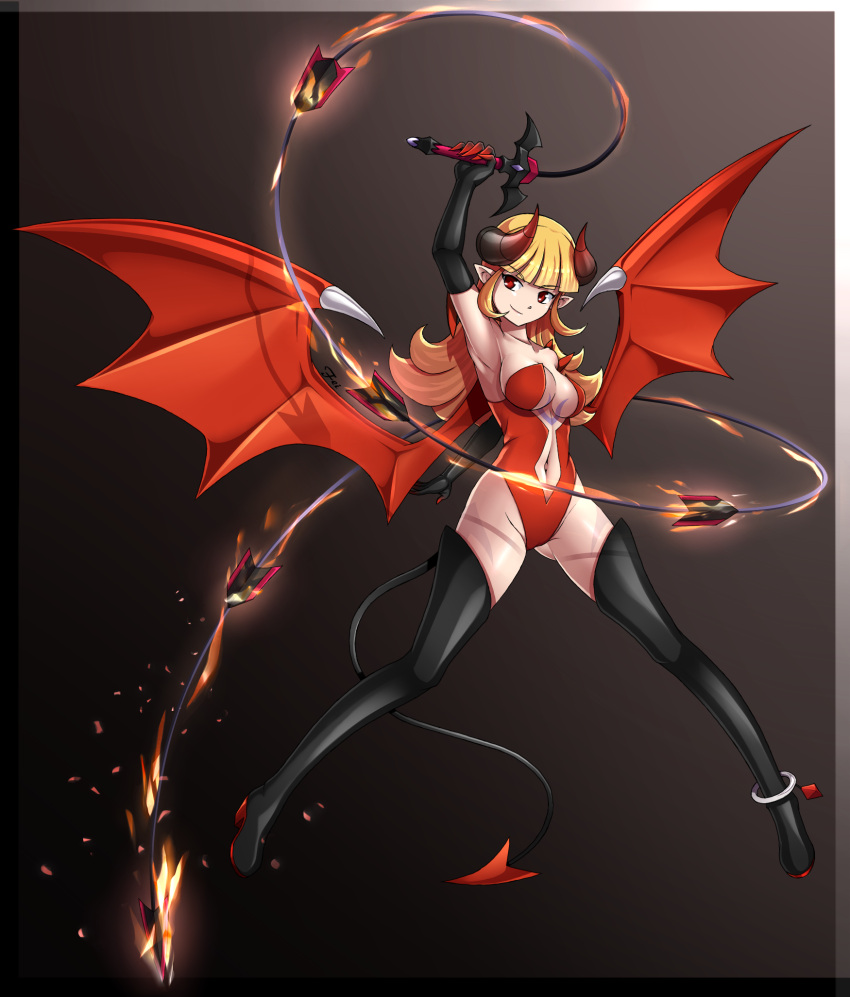 1girl anklet armpits bangs bare_shoulders black_footwear black_gloves blonde_hair blunt_bangs boots border breast_tattoo breasts center_opening collarbone curled_horns demon_girl demon_horns demon_tail demon_wings elbow_gloves eyebrows_visible_through_hair fire floating full_body gloves gluteal_fold highres horns jewelry leotard lilith_(monster_super_league) long_hair looking_to_the_side medium_breasts monster_super_league navel navel_cutout pointy_ears red_eyes red_leotard red_wings smile solo succubus tail tattoo thigh-highs thigh_boots whip wings