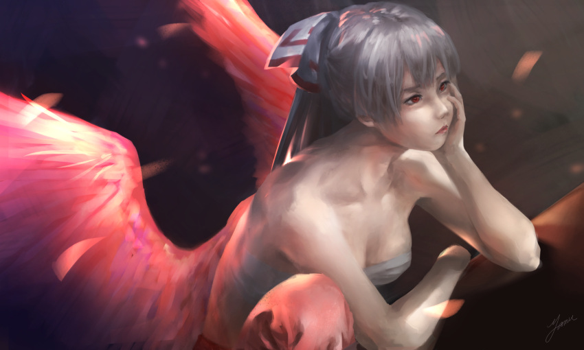 1girl bangs bare_arms bare_shoulders bird_wings black_background blurry breasts cleavage commentary_request depth_of_field elbow_rest expressionless faux_traditional_media fujiwara_no_mokou hair_ribbon head_in_hand highres looking_away looking_to_the_side medium_breasts parted_lips ponytail red_eyes red_lips ribbon sarashi signature silver_hair solo thick_eyebrows touhou wings yanhomumu