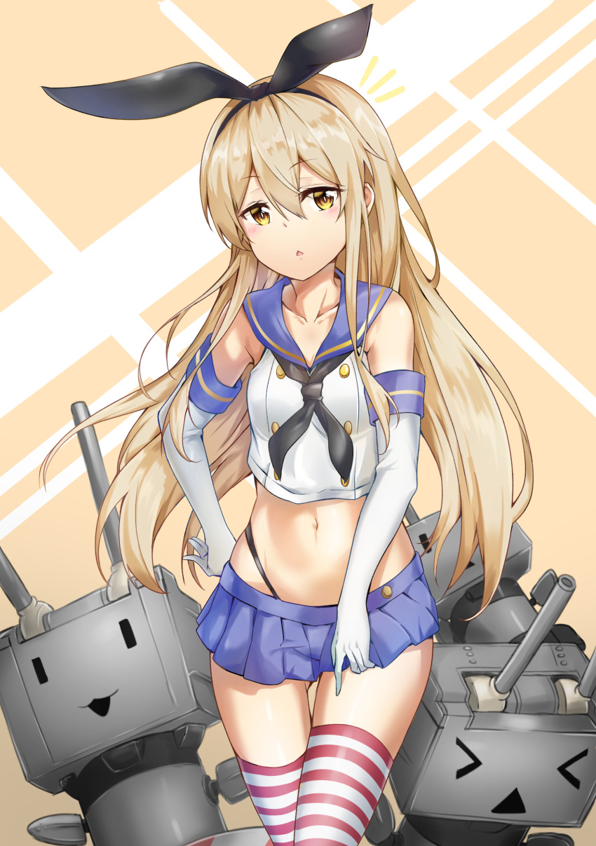 &gt;_&lt; 1girl :3 absurdres black_panties blonde_hair blush collarbone crop_top elbow_gloves eyebrows_visible_through_hair gloves hair_between_eyes hairband hand_on_hip highleg highleg_panties highres horizontal-striped_legwear horizontal_stripes kantai_collection long_hair looking_at_viewer microskirt navel panties rensouhou-chan sailor_collar school_uniform serafuku shimakaze_(kantai_collection) skirt solo striped striped_legwear sunhyun thigh-highs thigh_gap thong triangle_mouth underwear white_gloves yellow_eyes