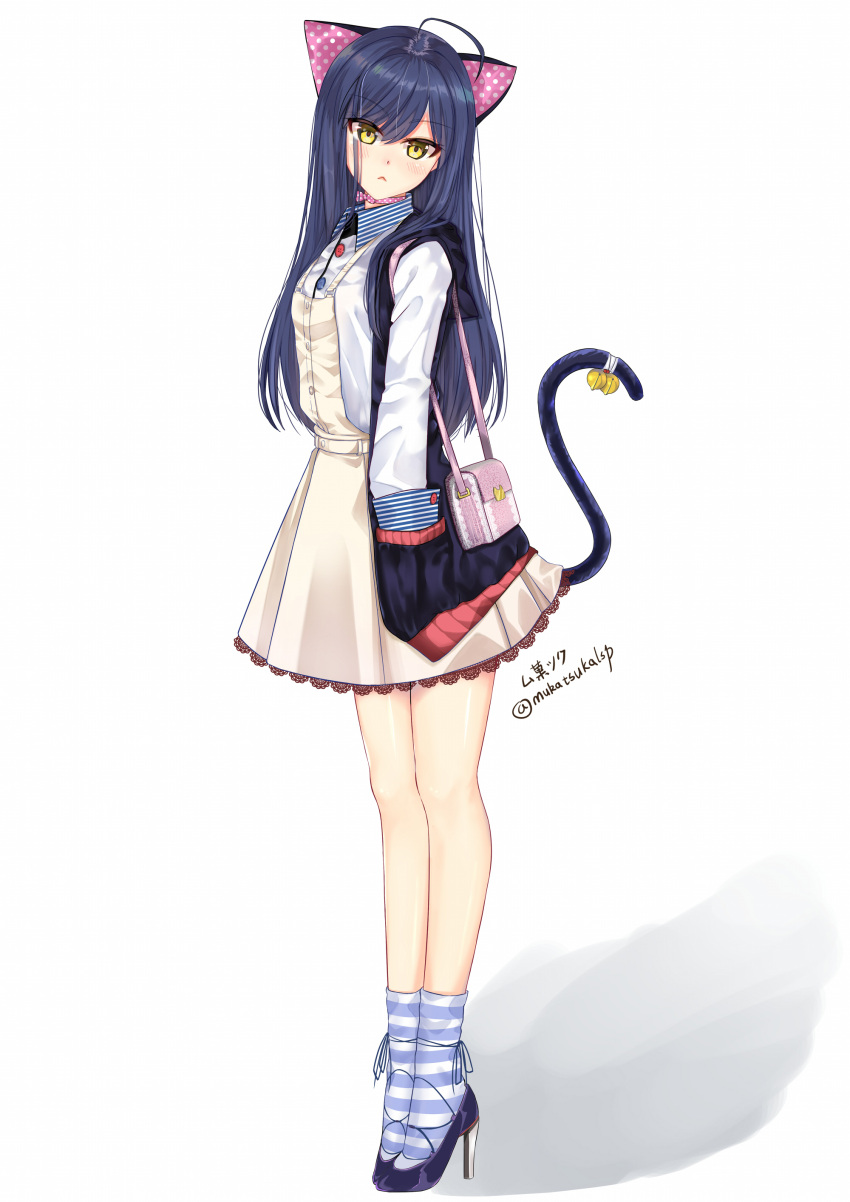 1girl :&lt; absurdres ahoge animal_ears apron bag bell blue_hair blush cat_ears cat_girl cat_tail full_body hand_in_pocket handbag high_heels highres jingle_bell long_hair looking_at_viewer mukatsukulsp original polka_dot school_uniform simple_background socks solo standing striped striped_legwear tachi-e tail twitter_username very_long_hair yellow