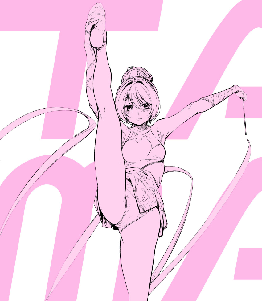 1girl absurdres akagi_asahito blush commentary_request copyright_request flower gymnast_leotard gymnastics gymnastics_ribbon hair_bun hair_flower hair_ornament highres leotard monochrome pink rhythmic_gymnastics solo