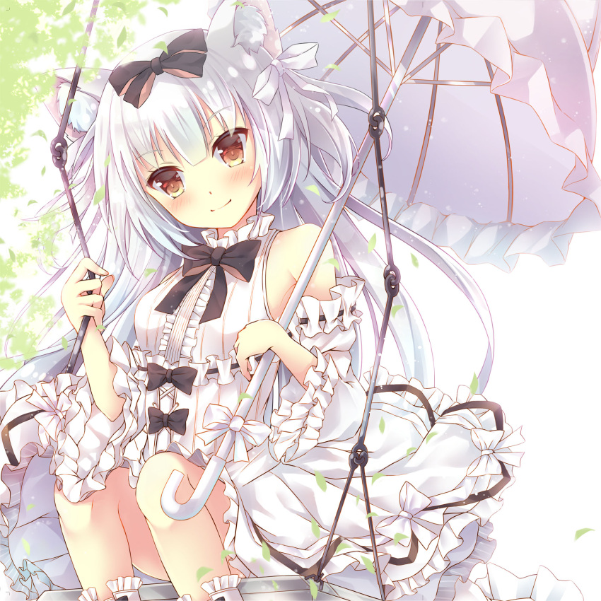 1girl animal_ears azur_lane backlighting bangs bare_shoulders black_bow black_neckwear blush boots bow bowtie breasts cat_ears cat_girl center_frills closed_mouth commentary_request cross-laced_clothes day detached_sleeves dress dress_bow eyebrows_visible_through_hair frilled_boots frilled_dress frilled_shirt_collar frilled_sleeves frilled_umbrella frills hair_between_eyes hair_bow hair_ribbon head_tilt highres holding holding_umbrella knee_boots knees_up light_particles light_smile long_hair long_sleeves looking_at_viewer maya_(tirolpop) medium_breasts orange_eyes outdoors puffy_long_sleeves puffy_sleeves ribbon ribbon-trimmed_sleeves ribbon_trim shiny shiny_hair shoe_bow shoes sitting swing tree tsurime two_side_up umbrella white_bow white_footwear white_hair white_ribbon white_umbrella wide_sleeves yukikaze_(azur_lane)