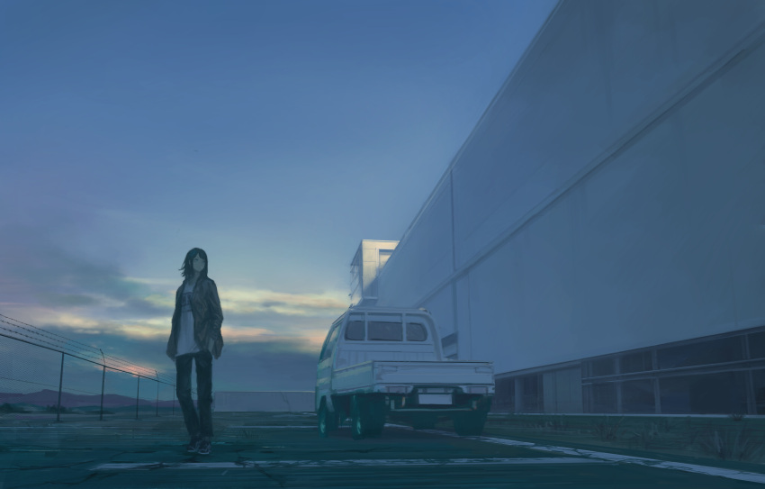 1girl absurdres barbed_wire black_hair blue_eyes cigarette coat day fence ground_vehicle hands_in_pockets highres looking_away motor_vehicle original outdoors parking_lot peke_(shadow105) scenery shirt short_hair solo truck white_shirt