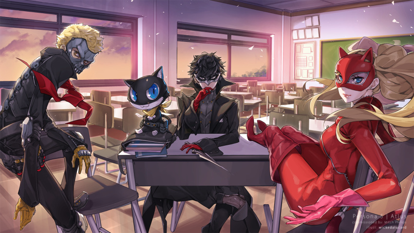 1girl 2boys amamiya_ren black_hair black_jacket blonde_hair boots cat cat_mask classroom dagger desk domino_mask finger_to_mouth gloves highres ian_olympia jacket legs_crossed looking_at_viewer mask morgana_(persona_5) multiple_boys persona persona_5 red_gloves sakamoto_ryuuji scarf school_desk skull_mask smile takamaki_anne thigh-highs thigh_boots twintails weapon window