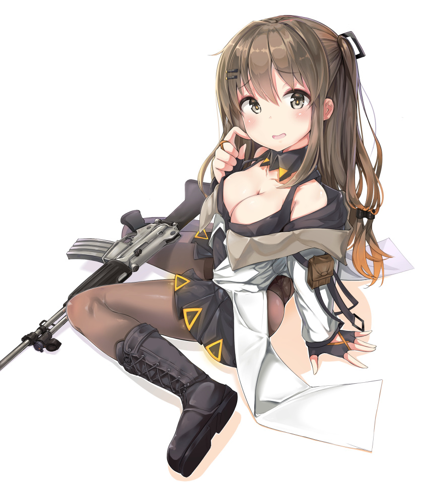 1girl arm_support ass assault_rifle bangs black_dress black_footwear black_gloves boots breasts brown_hair brown_legwear cleavage cross-laced_footwear daewoo_k2 dress eyebrows_visible_through_hair fingerless_gloves girls_frontline gloves grey_eyes gun hair_between_eyes hair_ornament hairclip highres jacket k-2_(girls_frontline) lace-up_boots long_hair long_sleeves looking_at_viewer medium_breasts ohshit open_clothes open_jacket panties panties_under_pantyhose pantyhose pleated_dress rifle sitting solo underwear very_long_hair wariza weapon white_background white_jacket