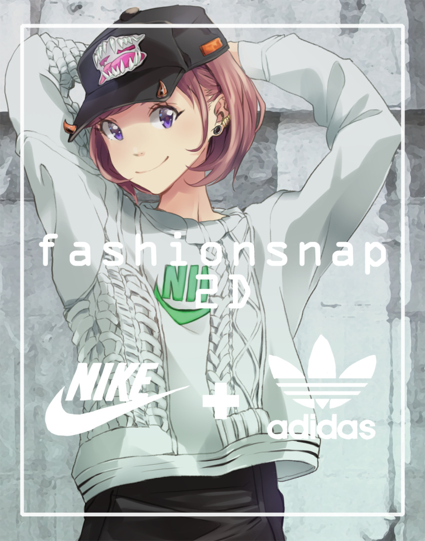 1girl adidas arms_behind_head arms_up baseball_cap black_hat brown_eyes earrings fashion grey_sweater hat highres jewelry logo nike original print_hat short_hair smile solo spikes stone_wall sweater upper_body violet_eyes wall yoshito