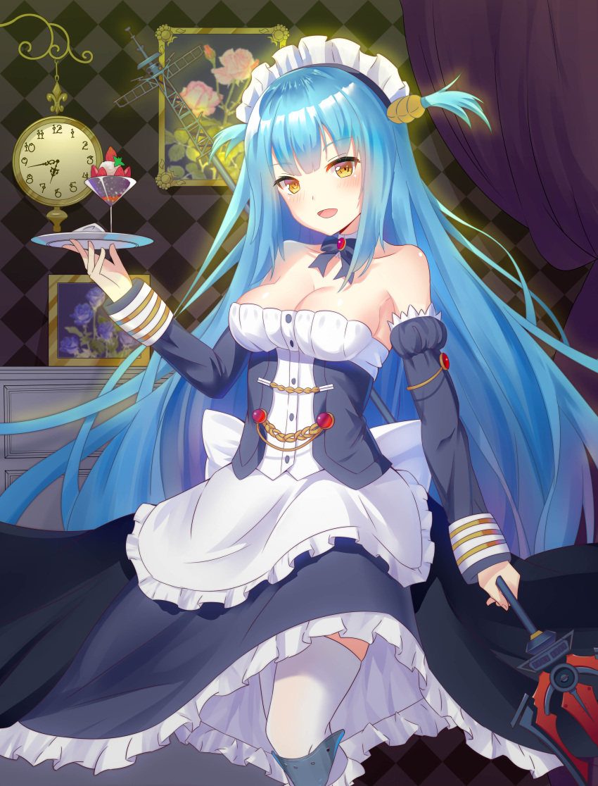 1girl absurdres azur_lane bare_shoulders blue_hair breasts cleavage clock collarbone curtains detached_sleeves hair_ornament highres long_hair looking_at_viewer maid_headdress medium_breasts neptune_(azur_lane) open_mouth picture_frame polearm solo thigh-highs tray trident w-t weapon yellow_eyes