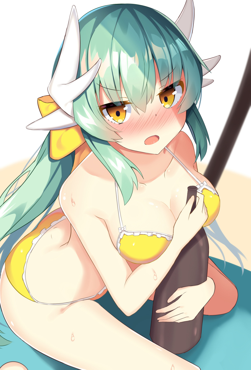 1girl absurdres alcohol bangs beach blush bow breasts cleavage collarbone dragon_horns fate/grand_order fate_(series) green_hair hair_between_eyes hair_bow hair_ornament hair_ribbon highres horns kiyohime_(fate/grand_order) kiyohime_(swimsuit_lancer)_(fate) long_hair looking_at_viewer nose_blush open_mouth ribbon ryu_narb sake sand sweatdrop swimsuit thighs yellow_bow yellow_eyes