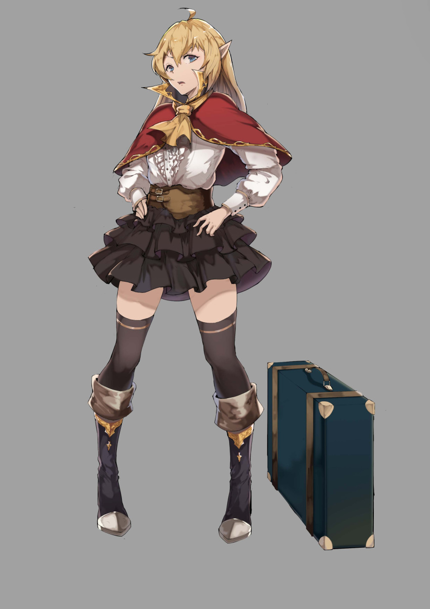 1girl absurdres ahoge belt blonde_hair blue_eyes boots elf frilled_skirt frills highres kumori_(pixiv24446782) long_hair original pointy_ears skirt solo suitcase thigh-highs