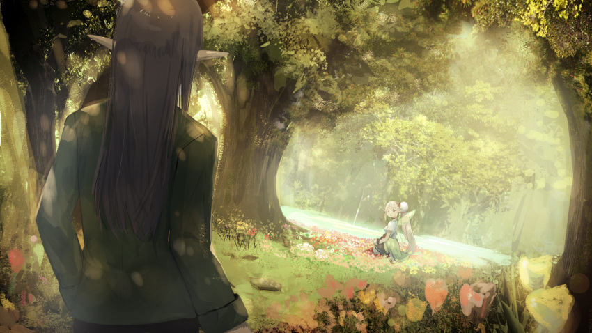 2girls black_skirt brown_hair character_request commentary_request day elu_(nijisanji) facing_away fairy_wings field flower flower_field forest green_jacket green_wings hair_ornament highres jacket kumamoto_nomii-kun light_brown_hair long_hair long_sleeves looking_at_another looking_to_the_side multiple_girls nature nijisanji outdoors parted_lips pleated_skirt red_eyes red_flower red_legwear shirt short_sleeves side_ponytail sitting skirt thigh-highs transparent_wings tree very_long_hair virtual_youtuber white_flower white_shirt wings yellow_flower
