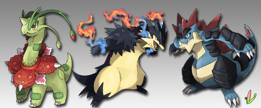claws commentary english_commentary etherealhaze fangs feraligatr fire gen_2_pokemon gradient gradient_background grey_background highres mega_pokemon meganium no_humans original pokemon sharp_teeth spikes standing teeth typhlosion