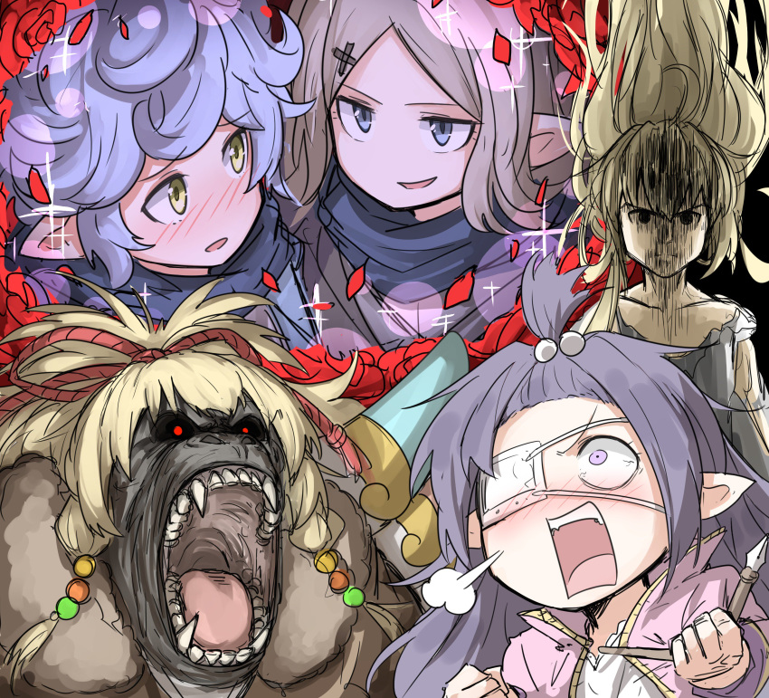 5girls absurdres animalization blonde_hair blue_hair curly_hair eyepatch flower gon-san gorilla granblue_fantasy harvin highres light_brown_hair long_hair lunalu_(granblue_fantasy) mahira_(granblue_fantasy) melissabelle milleore multiple_girls pointy_ears purple_hair rose sahli_lao shaded_face sparkle very_long_hair