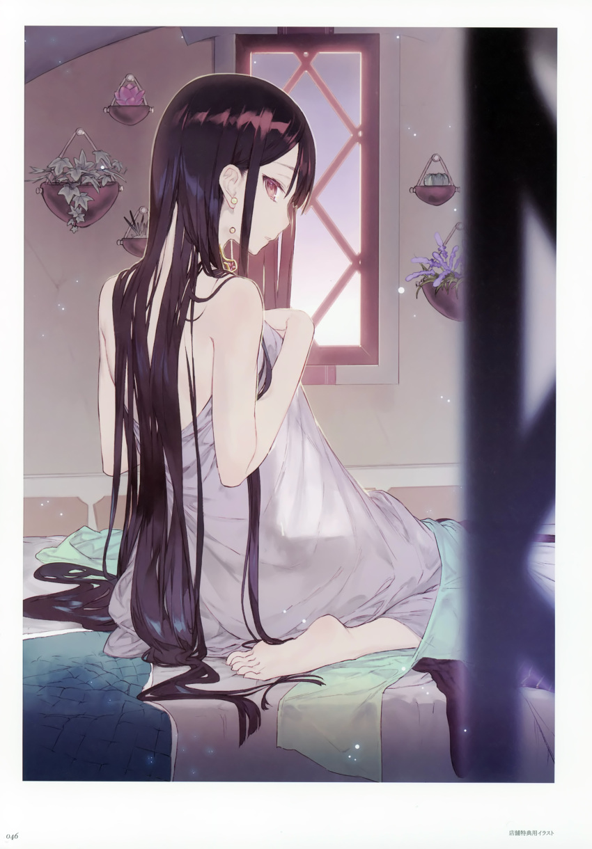 1girl absurdres atelier_(series) atelier_firis bare_back black_hair blanket covering flower flower_pot highres huge_filesize liane_mistlud long_hair noco_(adamas) official_art red_eyes scan sitting solo very_long_hair wariza window yuugen