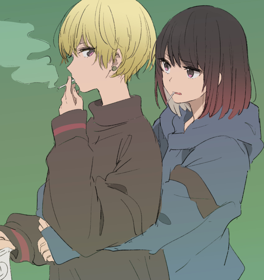 2girls blonde_hair brown_hair couple earrings green_background hand_up highres holding hug hug_from_behind jewelry long_sleeves looking_at_another monsieur mouth_hold multiple_girls original pink_eyes profile red_eyes short_hair simple_background smoking sweater yuri