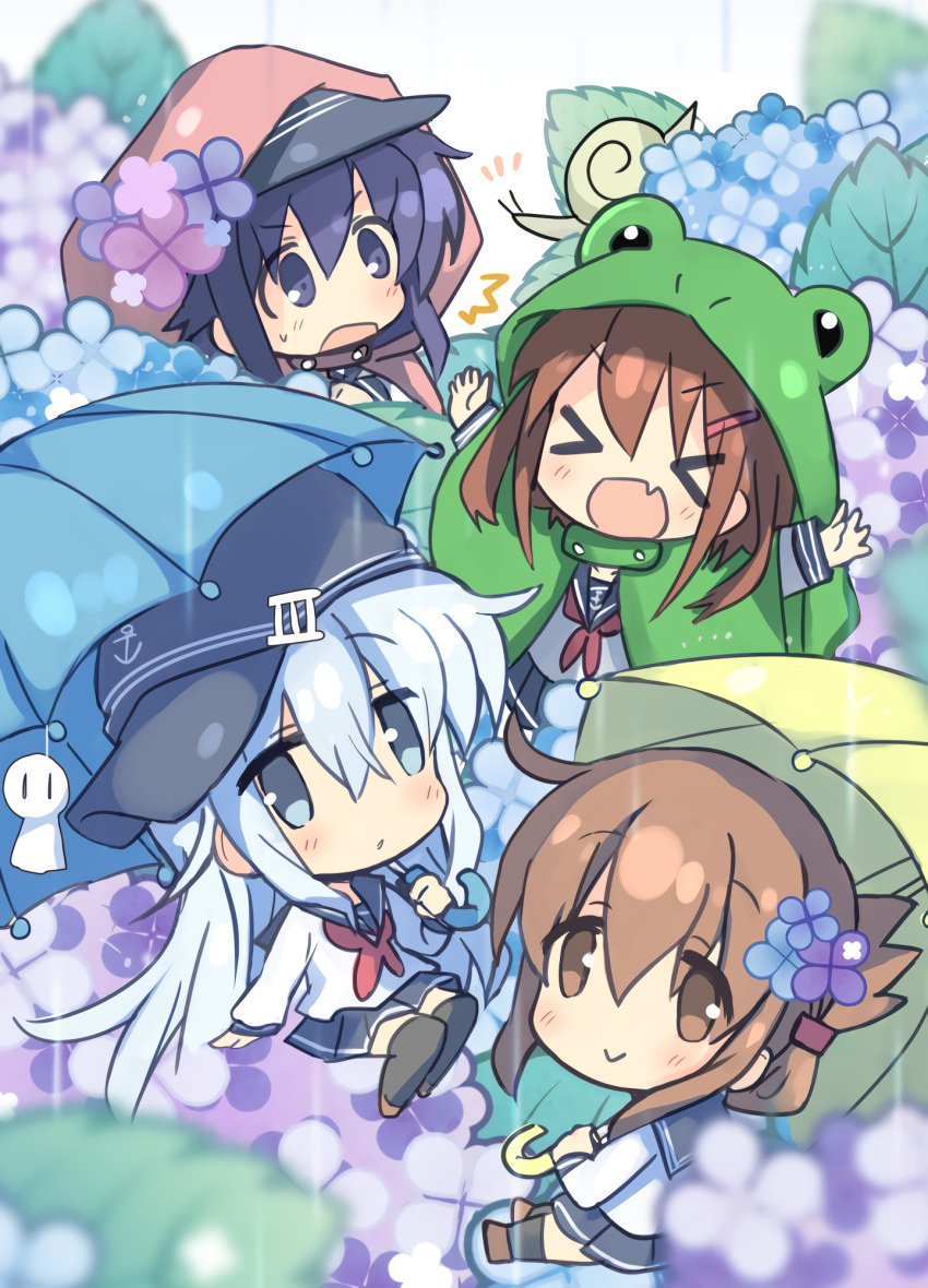 &gt;_&lt; 4girls akatsuki_(kantai_collection) anchor_symbol animal_hood black_hair black_legwear black_sailor_collar black_skirt blue_eyes brown_eyes brown_hair chibi closed_eyes commentary_request fang flat_cap flower folded_ponytail frog_hood hair_flower hair_ornament hat hibiki_(kantai_collection) highres hizuki_yayoi hood ikazuchi_(kantai_collection) inazuma_(kantai_collection) kantai_collection long_hair looking_at_viewer multiple_girls neckerchief open_mouth pleated_skirt rain raincoat sailor_collar school_uniform serafuku short_hair silver_hair skirt smile snail teruterubouzu thigh-highs umbrella violet_(flower) violet_eyes