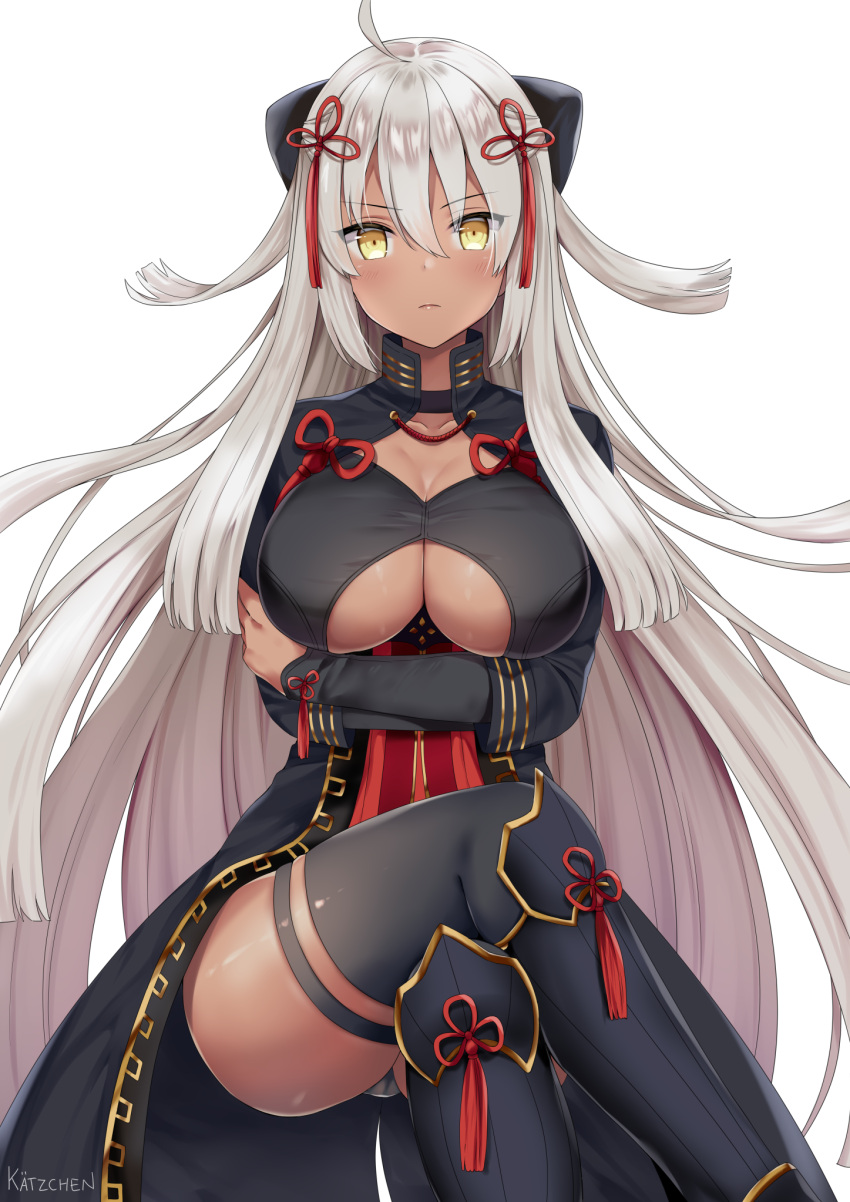 1girl ahoge bangs black_bow black_choker black_dress black_legwear black_panties blush bow breasts choker cleavage closed_mouth collarbone commentary crossed_arms dress eyebrows_visible_through_hair fate/grand_order fate_(series) frown hair_between_eyes hair_bow hair_ornament hair_ribbon highres kaetzchen large_breasts legs_crossed long_hair looking_at_viewer majin_saber panties red_ribbon ribbon sitting solo thigh-highs under_boob underwear v-shaped_eyebrows very_long_hair white_background white_hair yellow_eyes