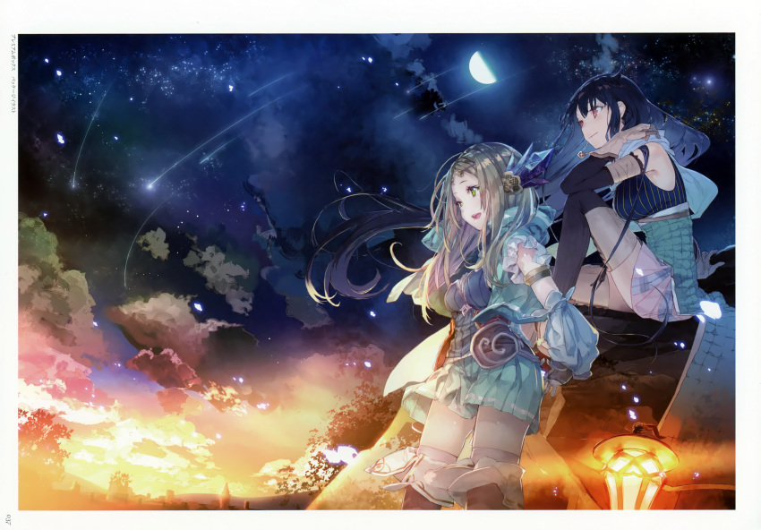 2girls absurdres atelier_(series) atelier_firis black_hair boots dusk elbow_gloves falling_star firis_mistlud floating_hair gloves green_eyes gust hair_ornament highres huge_filesize liane_mistlud long_hair moon multiple_girls noco_(adamas) official_art open_mouth outdoors pleated_skirt red_eyes sitting skirt sky smile star_(sky) starry_sky thigh-highs thigh_boots yuugen