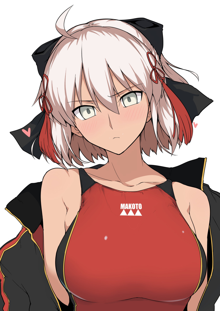 1girl absurdres alternate_costume black_bow blush bow breasts collarbone competition_swimsuit dark_skin fate/grand_order fate_(series) grey_eyes hair_bow harukon_(halcon) heart highres jacket jacket_on_shoulders jacket_removed koha-ace looking_at_viewer majin_saber one-piece_swimsuit red_bow red_swimsuit short_hair solo swimsuit white_background