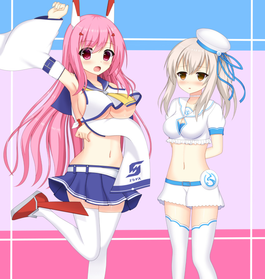 2girls arm_up armpits ayanami_(azur_lane) ayanami_(azur_lane)_(cosplay) azur_lane bangs belt belt_buckle blue_belt blue_ribbon blue_skirt breasts brown_eyes buckle cleavage collarbone commentary_request cosplay costume_switch crop_top crop_top_overhang crossover detached_sleeves eyebrows_visible_through_hair fingernails hair_between_eyes hair_ornament hat headgear highres large_breasts light_brown_hair long_hair long_sleeves medium_breasts midriff multiple_girls navel pink_hair pleated_skirt puffy_short_sleeves puffy_sleeves rasis rasis_(cosplay) red_eyes red_footwear ribbon shirt shoes short_shorts short_sleeves shorts side_ponytail sideboob sidelocks skirt sleeveless sleeveless_shirt sound_voltex standing standing_on_one_leg thigh-highs under_boob urarara_(shlsz_22728) very_long_hair white_belt white_hat white_legwear white_shirt white_shorts wide_sleeves yellow_neckwear