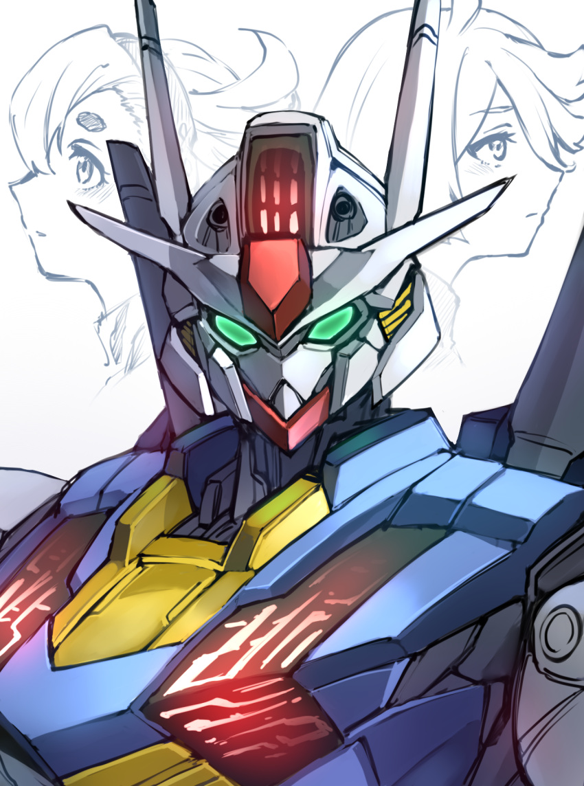 2girls ahoge bangs commentary green_eyes gundam gundam_aerial gundam_suisei_no_majo highres looking_at_viewer looking_to_the_side mecha miorine_rembran mobile_suit multiple_girls robot somechime_(sometime1209) suletta_mercury upper_body v-fin white_background