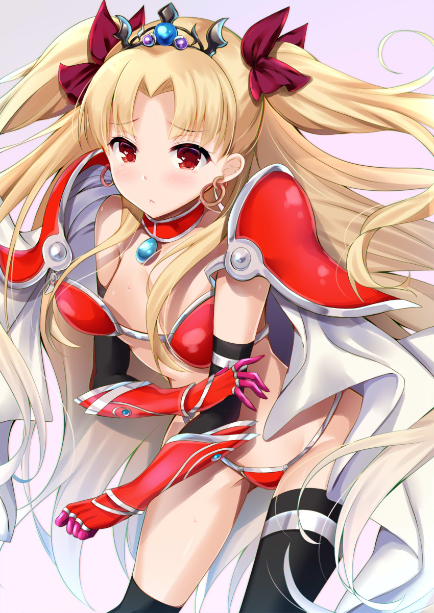 1girl armor asymmetrical_legwear bangs bare_thighs bikini bikini_armor black_legwear blonde_hair blush bow breasts cape choker closed_mouth commentary_request cosplay earrings elizabeth_bathory_(brave)_(fate) elizabeth_bathory_(brave)_(fate)_(cosplay) elizabeth_bathory_(fate)_(all) ereshkigal_(fate/grand_order) eyebrows_visible_through_hair fate/grand_order fate_(series) gradient gradient_background grey_background hair_bow highres jewelry ko_yu long_hair looking_at_viewer over-kneehighs oversized_clothes parted_bangs pauldrons purple_background purple_bow red_armor red_bikini red_choker red_eyes single_over-kneehigh single_thighhigh small_breasts solo string_bikini sweat swimsuit thigh-highs thighs tiara tohsaka_rin two_side_up vambraces very_long_hair white_cape