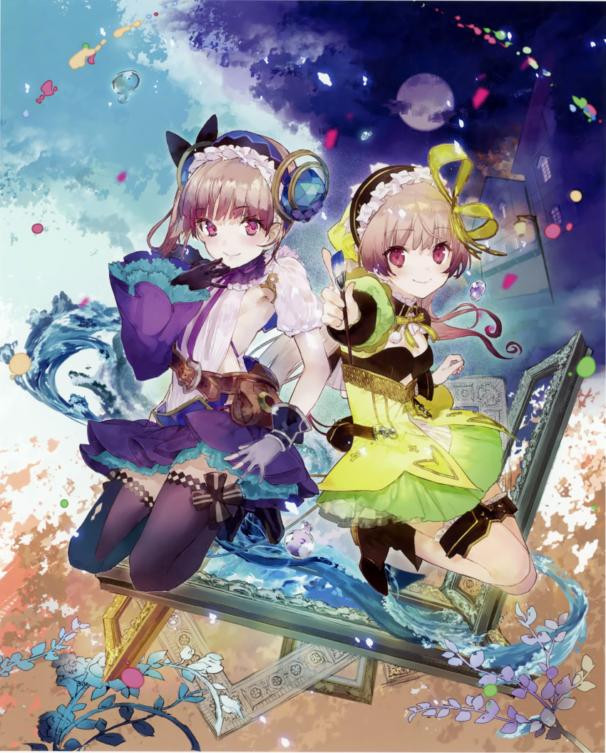 2girls absurdres atelier_(series) atelier_lydie_&amp;_suelle blush boots bow bowtie breasts brush cleavage gloves hairband highres ink long_hair looking_at_viewer lydie_marlen multiple_girls noco_(adamas) official_art open_mouth paintbrush pink_eyes pink_hair ponytail scan short_hair siblings side_ponytail sisters sitting skirt small_breasts smile suelle_marlen thigh-highs twins yellow_bow yuugen