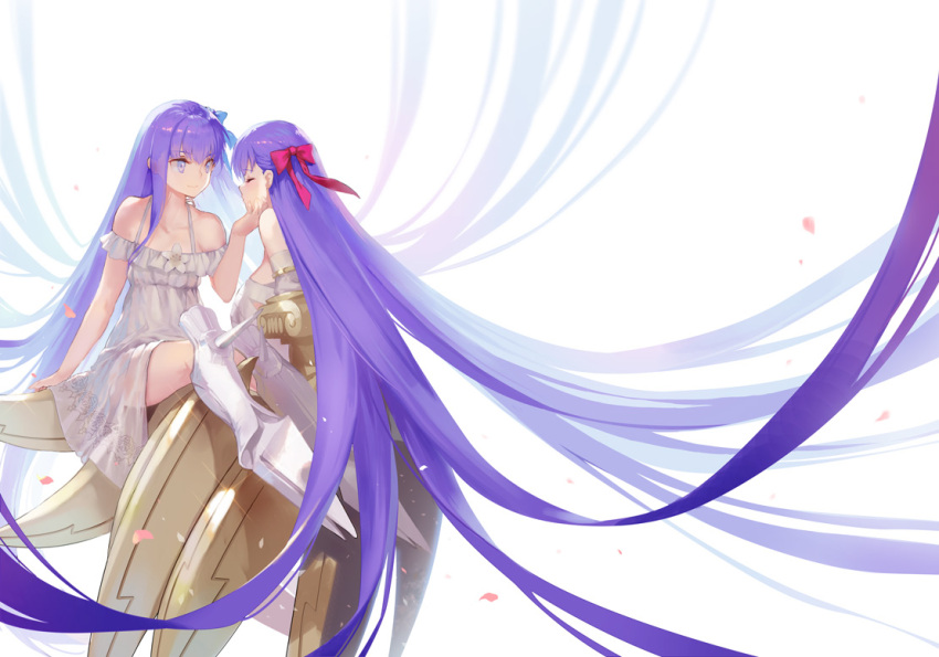 2girls absurdly_long_hair bare_shoulders blue_bow blue_eyes bow breasts claws closed_eyes dress fate/extra fate/extra_ccc fate/grand_order fate_(series) hair_bow huge_breasts long_hair meltlilith multiple_girls passion_lip purple_hair red_bow ritsuki simple_background thighs very_long_hair white_background white_dress