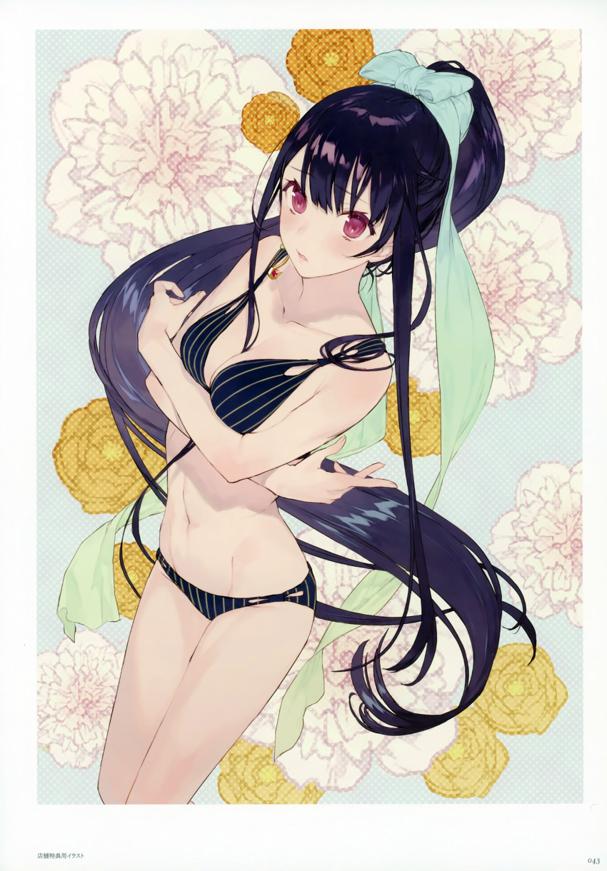 1girl absurdres atelier_(series) atelier_firis bikini black_bikini black_hair blush flower highres huge_filesize liane_mistlud long_hair looking_at_viewer navel noco_(adamas) official_art scan solo swimsuit very_long_hair yuugen