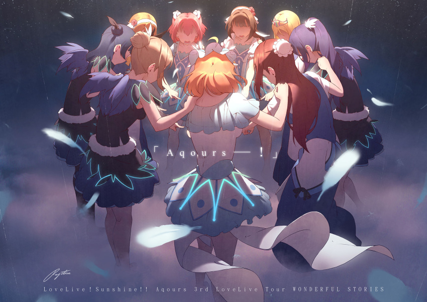 6+girls black_feathers black_hair blonde_hair blue_hair blue_wings brown_hair bun_cover commentary_request dress english feathers flower fog fur_trim group_name hair_bun hair_feathers hair_flower hair_ornament hair_up hairband hand_on_another's_shoulder highres huddle kunikida_hanamaru kurosawa_dia kurosawa_ruby long_hair love_live! love_live!_school_idol_project love_live!_sunshine!! matsuura_kanan multiple_girls neon_trim no_eyes ohara_mari open_mouth orange_hair pointing ponytail redhead regition sakurauchi_riko short_sleeves side_bun signature skirt sleeveless takami_chika tiara tsushima_yoshiko two_side_up watanabe_you water_blue_new_world white_feathers wings