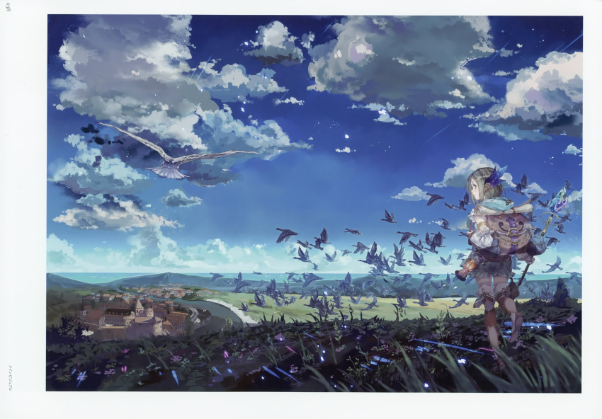 1girl absurdres atelier_(series) atelier_firis backpack bag bird boots brown_hair city clouds day field firis_mistlud flock flower from_behind gloves grass green_eyes hair_ornament highres hiking hill horizon huge_filesize landscape lantern looking_back ocean official_art outdoors river scan scenery shooting_star sky solo staff thigh-highs thigh_boots walking yuugen