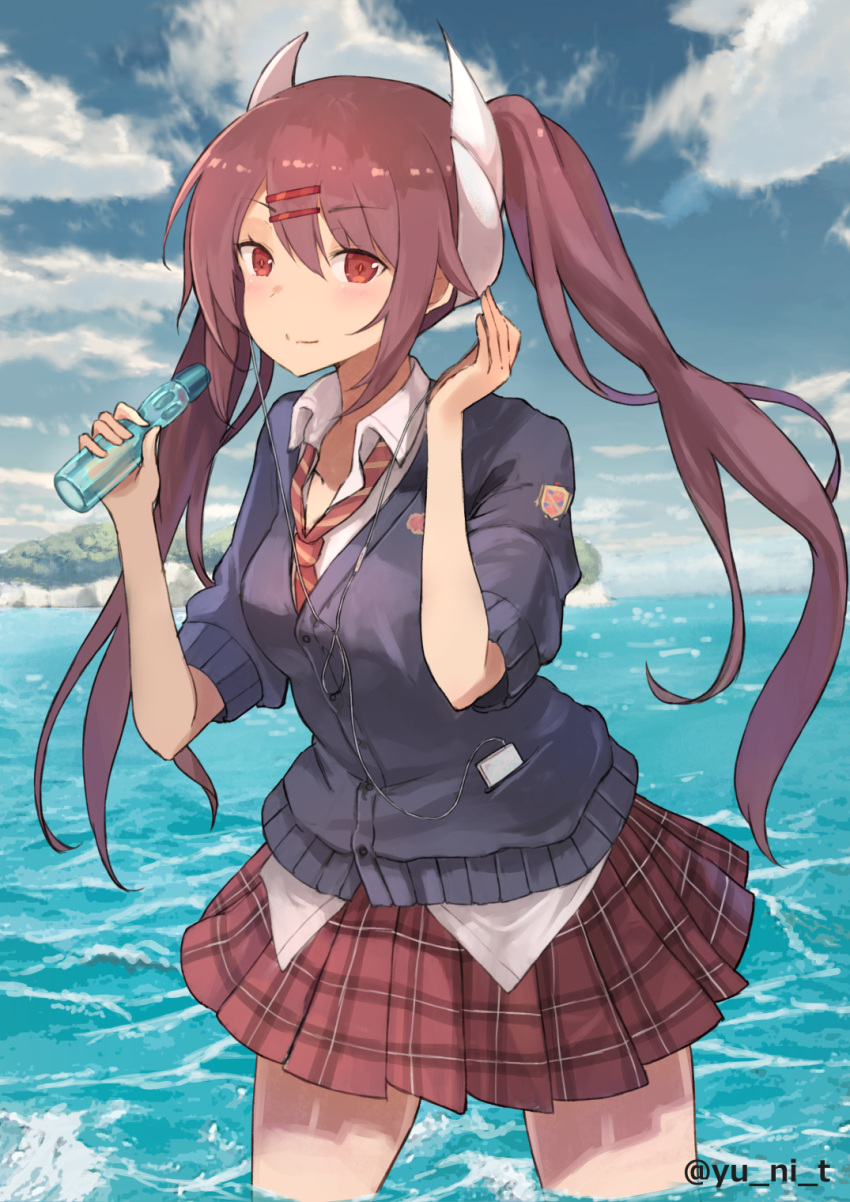 azur_lane bangs bell blue_cardigan blue_sky bottle buttons cardigan cellphone closed_mouth clouds collared_shirt day dress_shirt earphones earphones haruna_(azur_lane) highres holding holding_bottle in_water jingle_bell long_hair long_sleeves miniskirt necktie outdoors phone plaid plaid_skirt pleated_skirt ramune red_neckwear red_skirt school_uniform sheath sheathed shirt skindentation skirt sky sleeves_past_wrists smartphone smile solo striped striped_neckwear swept_bangs tassel twintails untucked_shirt very_long_hair water white_shirt yu_ni_t
