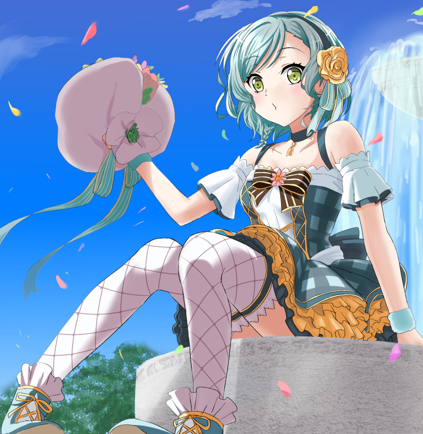 1girl absurdres aqua_hair bang_dream! bekomaru_(pixiv5127042) black_choker black_neckwear bouquet bow bowtie choker collarbone commentary_request detached_sleeves dress flower fountain green_eyes hair_flower hair_ornament hair_ribbon hairband highres hikawa_hina holding holding_bouquet outdoors petals pigeon-toed ribbon rose short_hair short_sleeves side_braids sitting solo striped_neckwear thigh-highs wristband yellow_flower yellow_rose