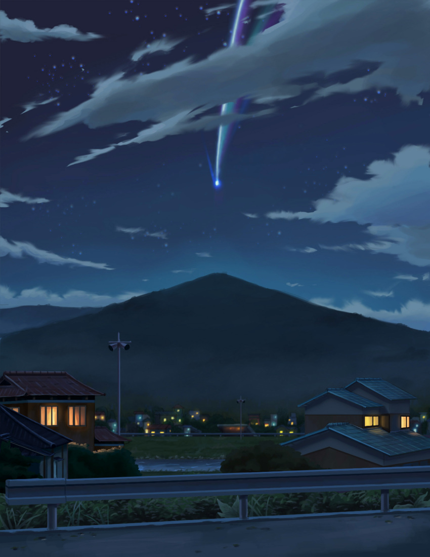 absurdres background check_commentary clouds comet commentary_request grass highres house isbeyvan kimi_no_na_wa mountain night no_humans railing scenery sky star_(sky) starry_sky water