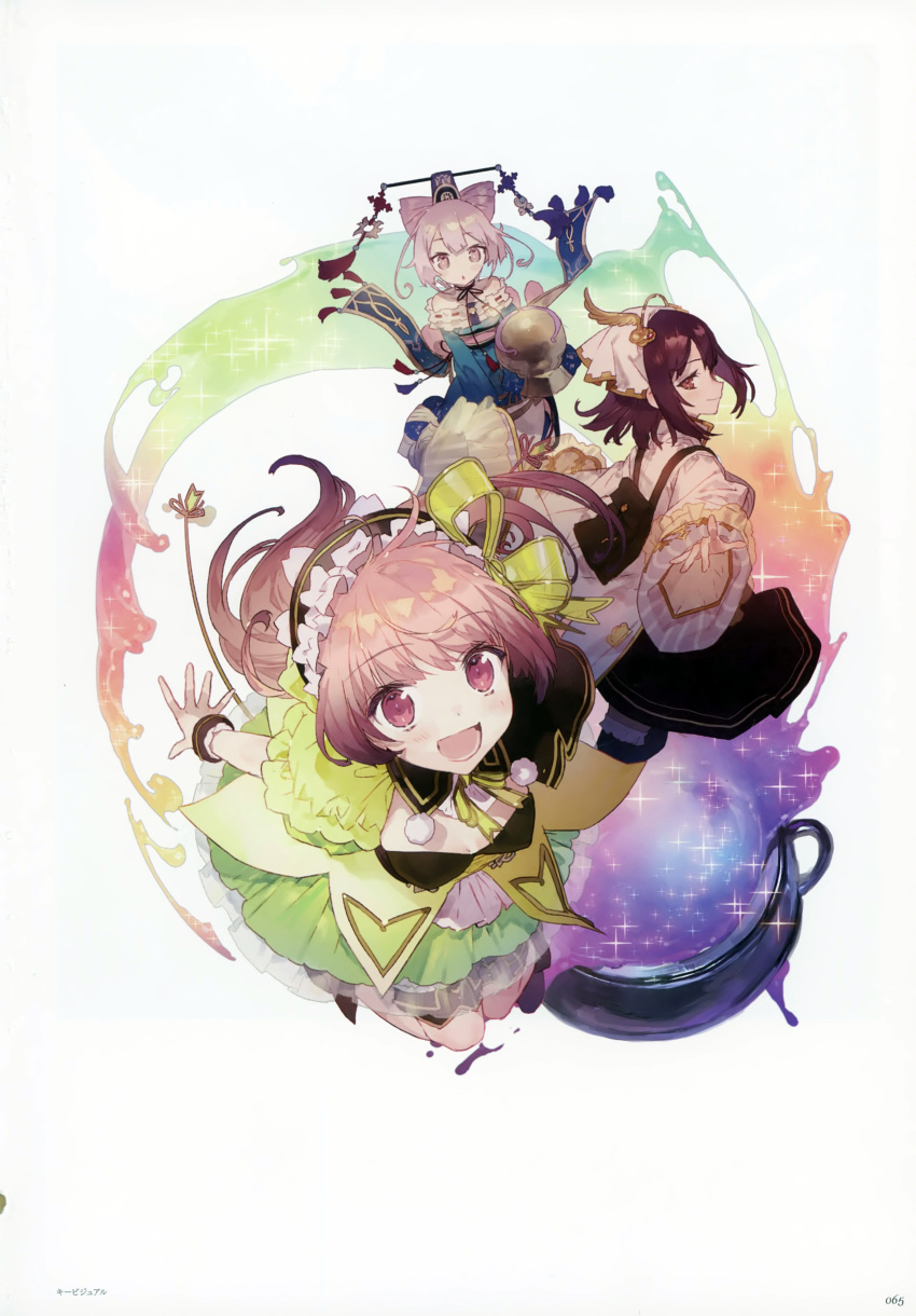 3girls absurdres atelier_(series) atelier_lydie_&amp;_suelle bare_shoulders blush bow bowtie breasts brown_eyes brown_hair cleavage cornelia_(atelier) frills hairband highres huge_filesize japanese_clothes kimono long_hair looking_at_viewer multiple_girls noco_(adamas) official_art open_mouth pink_eyes pink_hair scan short_hair sleeves_past_wrists small_breasts smile sophie_neuenmuller suelle_marlen