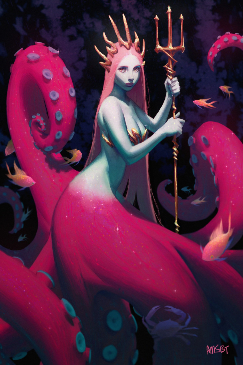 1girl artstation_username bare_arms bare_shoulders breasts closed_mouth commentary crab deviantart_username fish gradient_skin highres holding holding_pitchfork instagram_username long_hair looking_at_viewer manda_schank original pink_eyes pink_hair solo tentacle water