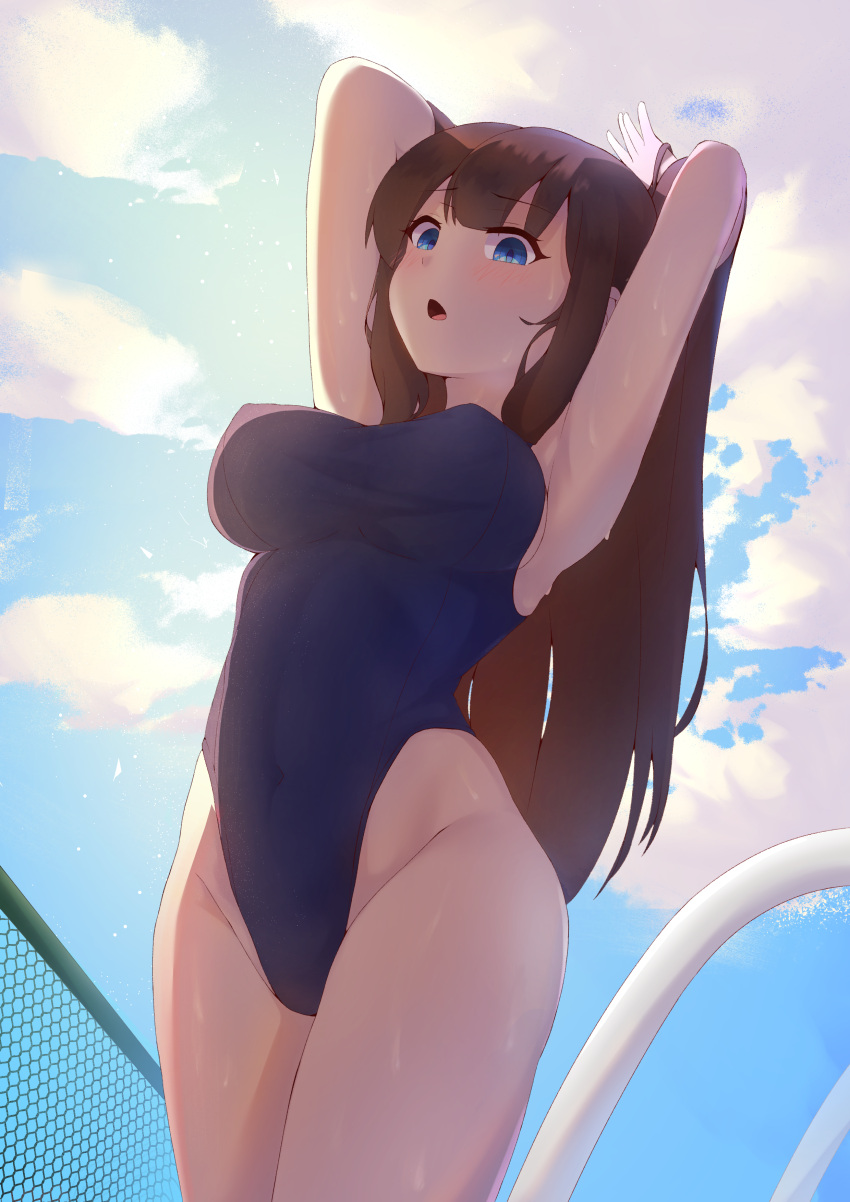 1girl absurdres adjusting_hair armpits arms_up backlighting blue_eyes blue_sky blush breasts brown_hair chain-link_fence clouds covered_navel cowboy_shot dripping erect_nipples fence highleg highleg_swimsuit highres large_breasts long_hair looking_at_viewer one-piece_swimsuit open_mouth original outdoors sideboob sidelocks sky solo swimsuit wet yukikiri