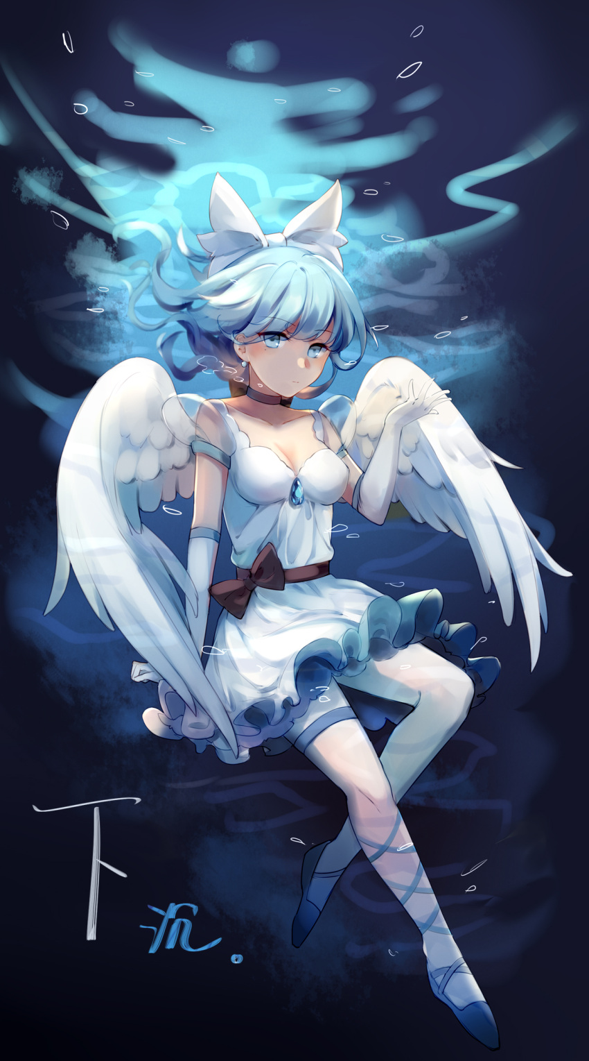 1girl angel_wings bangs blue_hair bow breasts cleavage commentary dress elbow_gloves eyebrows_visible_through_hair gem gloves hair_bow highres mai_(touhou) medium_breasts pantyhose short_hair signature solo touhou touhou_(pc-98) underwater white_bow white_dress white_legwear wings yorktown_cv-5
