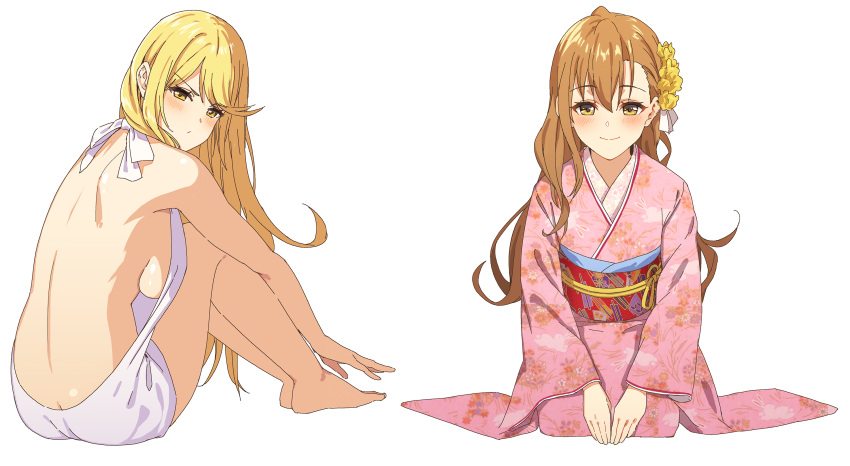 2girls backless_outfit bare_arms bare_back bare_shoulders barefoot blonde_hair blush breasts brown_hair butt_crack dress highres mythra_(xenoblade) icarus_(632247131) japanese_clothes kimono large_breasts long_hair looking_at_viewer meme_attire multiple_girls naked_sweater open-back_dress sideboob simple_background smile soles sweater sweater_dress turtleneck turtleneck_sweater virgin_killer_sweater white_background xenoblade xenoblade_(series) xenoblade_2 yellow_eyes