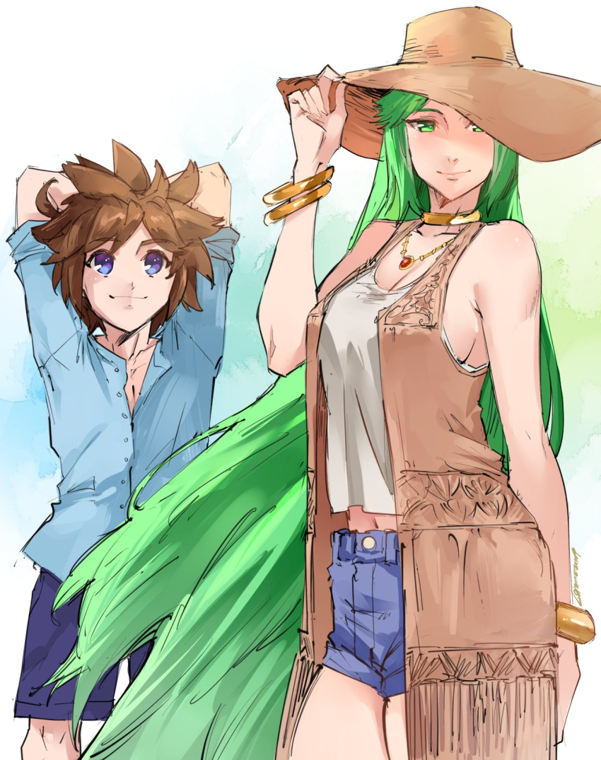 1boy 1girl blue_eyes bracer breasts brown_hair gloves green_hair hat highres jacker kenshin187 kid_icarus kid_icarus_uprising long_hair looking_at_viewer palutena pit_(kid_icarus) short_hair shorts smile