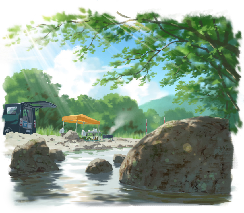 akasa_tanaha_(user_uhrn4435) blue_sky clouds commentary_request gazebo ground_vehicle highres light_rays motor_vehicle nature no_humans original outdoors river rock scenery sky smoke tree van