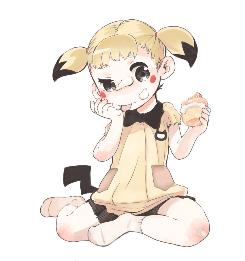1girl :p bandaid bandaid_on_knee black_eyes black_neckwear blonde_hair blush_stickers bow bowtie dress eating food food_on_face hand_up hands_up hare_(tetterutei) highres holding licking_hand no_nose personification pichu pokemon short_dress short_eyebrows short_hair short_sleeves simple_background sitting socks solo tail tongue tongue_out twintails uneven_eyes white_background white_legwear yellow_dress