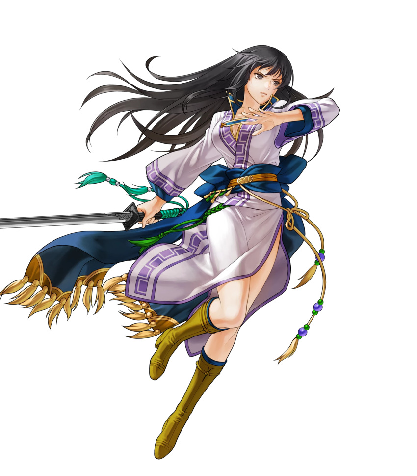 1girl bangs black_hair boots breasts brown_footwear closed_mouth fire_emblem fire_emblem:_rekka_no_ken fire_emblem_heroes full_body grey_eyes highres holding holding_sword holding_weapon karla kita_senri knee_boots large_breasts long_hair long_sleeves looking_away official_art shiny shiny_hair side_slit solo sword transparent_background weapon