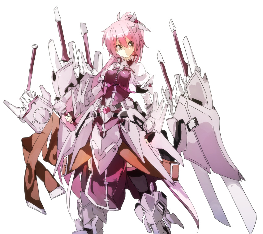 1girl armor armored_dress black_legwear boots brown_eyes bygddd5 closed_mouth commentary_request cowboy_shot frown greaves gundam gundam_build_fighters hair_ornament highres holding holding_weapon levantine long_hair long_sleeves looking_at_viewer lyrical_nanoha mahou_shoujo_lyrical_nanoha mahou_shoujo_lyrical_nanoha_a's mechanical_wings overskirt pink_hair ponytail signum simple_background solo standing sword thigh-highs thigh_boots v-shaped_eyebrows weapon white_background wing_gundam_zero_flame wings