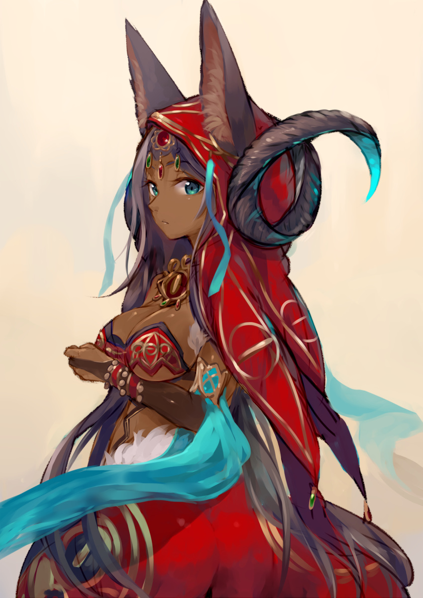 1girl animal_ears ass black_hair blue_eyes bracelet breasts bridal_gauntlets cleavage closed_mouth dark_skin ears_through_headwear fate/grand_order fate_(series) frown gem highres hood horns jewelry large_breasts long_hair queen_of_sheba_(fate/grand_order) solo sukemyon under_boob very_long_hair